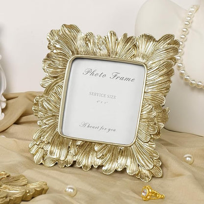 Cuspin Gold Picture Frames 4x4, Vintage Gold Resin Photo Frame Palm Leaves Textured with Glass Front, Elegant Retro Square Frame for Wall and Tabletop Display Home Decor