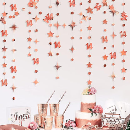 52Ft Rose Gold 14th Birthday Decorations Number 14 Circle Dot Star Garland Metallic Hanging Streamer Banner Backdrop for Girls Happy 14 Year Old Fabulous Birthday Fourteen Anniversary Party Supplies