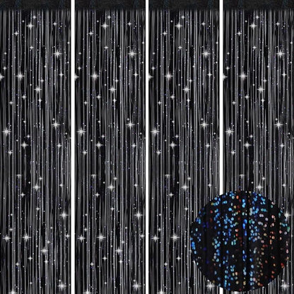 Picoway 4 Pack Foil Fringe Tinsel Backdrop Curtains, Birthday Engagement Bachelorette Party Decorations, Photo Booth Props Door Streamers Curtain (Black)