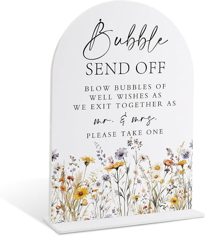 Wedding Signs for Ceremony and Reception, Boho Floral Acrylic Bubble Send Off Sign, Wedding Signage with Stand, Bridal Shower Table Centerpieces, Supplies for Engagement Reception and Event Party, 29