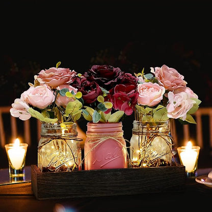 Mason Jar Lights Centerpiece for Table, Mason Jar Centerpiece Decor for Dining Room Farmhouse Coffee Table Decor with Wood Tray Fairy Lights Peony Flowers for Kitchen Living - Burgundy Pink