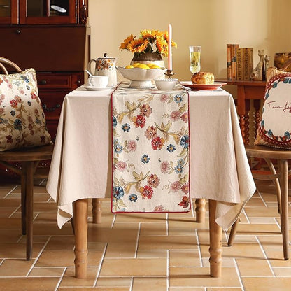 patdrea Designer Farmhouse Linen Thick Table Runner, Rustic Cottage Beige with Floral Pattern Fabric Table Mat, Decoration for Kitchen Dining Thanksgiving New Year Banquet Christmas, 12"*87"