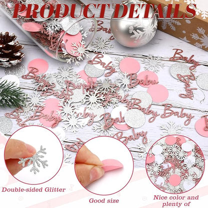 MARFOREVER Winter Baby Shower Table Confetti, 200 Pcs Glitter Pink Silver Snowflake Table Decorations Winter Gender Reveal Sprinkle for Winter Birthday Party Baby Shower Decorations(Pink)