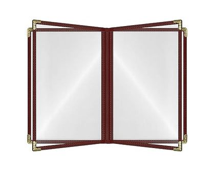 Goodsmart Restaurant Menu Covers – 25 Pack Burgundy 8-View Booklet 8.5" x 14", Side-Loading Vinyl & Plastic Menu Holders, Clear Menu Sleeves, Leather-Style Café Covers with Gold Corners
