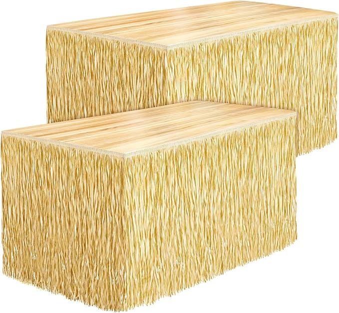 Fovths 2 Packs Luau Grass Table Skirt Fringe Straw Grass Skirt 108 x 30 Inch Hibiscus Hawaiian Table Skirts Rectangle Tropical Luau Party Decorations for Hawaiian Luau Decorations