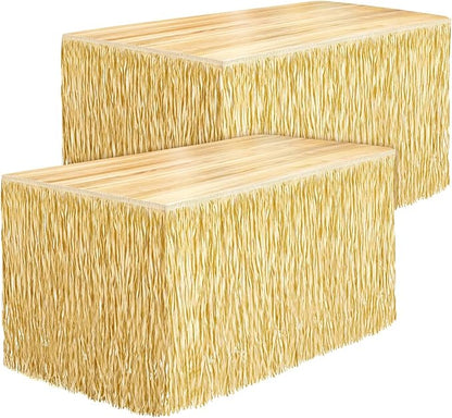 Fovths 2 Packs Luau Grass Table Skirt Fringe Straw Grass Skirt 108 x 30 Inch Hibiscus Hawaiian Table Skirts Rectangle Tropical Luau Party Decorations for Hawaiian Luau Decorations