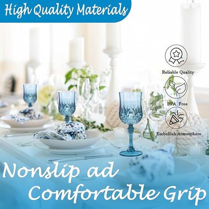 Plastic Wine Glasses，Plastic Goblets Vintage Style Cordial Drinking Glasses for Wedding Reception, Grand Event Party Supplies (12, Dusty Blue)