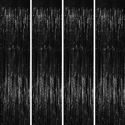 4 Pack Black Foil Fringe Backdrop Curtains, Tinsel Streamers Birthday Party Decorations, Fringe Backdrop for Graduation, Baby Shower, Gender Reveal, Disco Party