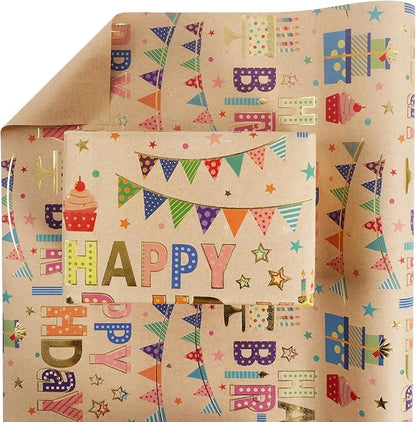 Aimyoo Colorful Birthday Wrapping Paper Roll - 17 Inch X 32.8 Feet - Gold Foil Happy Birthday Lettering, Cupcake & Flags Design Gift Wrap for Kids, Baby Showers