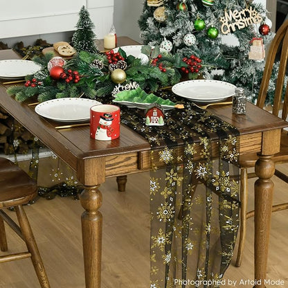 Artoid Mode Black Gold Snowflakes Christmas Gauze Table Runner 120 Inch 10FT, Winter Seasonal Sheer Dining Holiday Wedding Table Decor for Home Party