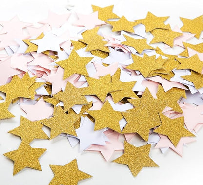 MOWO Glitter Five Stars Confetti Wedding Party Decor and Table Decor, 1.2’’ in Diameter (glitter gold,pink,white,200pc)