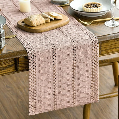 Artoid Mode Pink Farmhouse Woven Rustic Hollow Table Runner, Seasonal Holiday Hollow Kitchen Dining Table Decoration for Home Party Decor 12x72 Inch