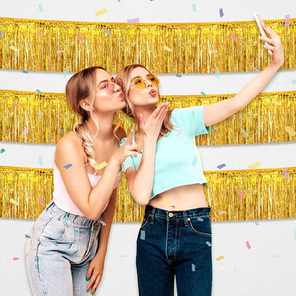 4 Pack 10 Feet Gold Foil Fringe Garland Metallic Tinsel Streamers Banner Wall Hanging Curtain Backdrop for Parade Floats, Wedding, Graduate, Mother's Day, Birthday Party Decoration