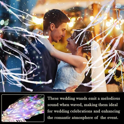 100 Pieces Light up Wedding Wands with Ribbons & Bells –LED Silk Wedd Fairy Wands Streamers with Warm White & Colorful Lights for Wedding Send Off Ideas, Parties, and Celebrations