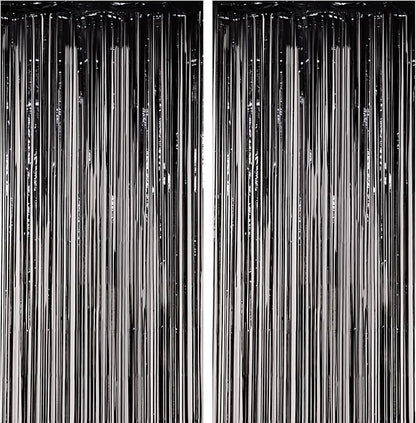 2 Pack Black Foil Fringe Backdrop Curtains, Tinsel Streamers Birthday Party Decorations, Fringe Backdrop for Graduation, Baby Shower, Gender Reveal, Disco Party