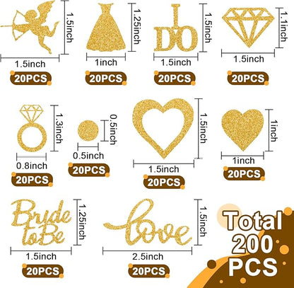 200pcs Wedding Table Confetti, 10 Shapes Table Scatters Glitter Diamond Ring Circle Dots Hearts for Bridal Shower Marriage Ceremony Anniversary Valentine's Day Party Decorations