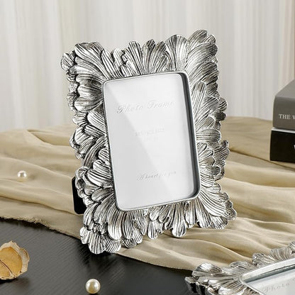 Silver 3x5 Picture Frame, Vintage Silver Palm Leaves Textured Hand-Crafted Resin with Glass Front, Small Frames Elegant Retro Rustic Design for Wall and Tabletop Display Home Decor