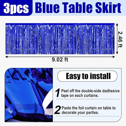 3 Pack 29x108 Inch Blue Foil Fringe Table Skirts Metallic Banner for Tinsel Streamer Garland Backdrop for Parade Floats Wedding Thanksgiving Birthday Christmas Halloween Party Decoration