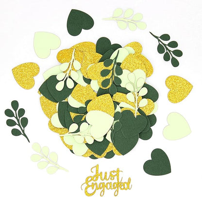 200PC Greenery Engagement Party Decorations Sage Green and Gold Heart Engagement Confetti Just Engaged Table Scatters for Nature Wedding Bridal Shower Bachelorette Party Decor Supplies