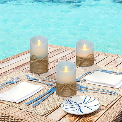 Silverstro Nautical Decor Ocean Blue Flameless Candles - Home Christmas Farmhouse Summer Decorations - Set of 3 (D3.11 X H4 5" 6")