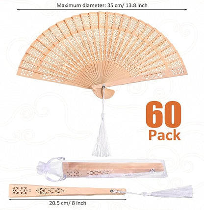 Qunclay 60Pcs Wooden Hand Fans Folding Wedding Fans for Guest Chinese Hollow Pattern with White Tassel and Gift Bag for Wedding Bridal Shower Birthday Party Favors Gift and Home Decor(Delicate Style)