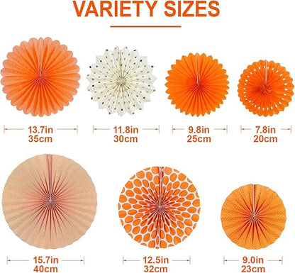 Easy Joy Paper Fans Party Decorations Orange Hanging Paper Fans Sunshine Party Decorations Birthday Wedding Home Classroom Party Hanging Decoration, Set of 7
