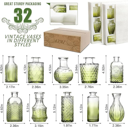 Arme Bud Vase Set of 32, Green Vases Glass Bud Vases in Bulk, Small Vases for Centerpieces Mini Flower Vase Set Cute Vintage Glass Vase Set for Flower Wedding Home Centerpiece Table Decorations