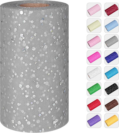 Glitter Tulle Rolls, 6” by 50 Yards (150FT) Sequin Tule Netting Fabric Tulle for Tutu Skirts Sewing Birthday Wedding Party Decoration (Sliver)