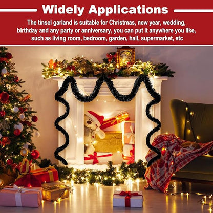 25 Feet Metallic Twist Tinsel Garland - Wall Hanging Backdrop for Parade Floats, Christmas Eve, New Year, Valentine's Day Parties (Black, 4in x 25ft)