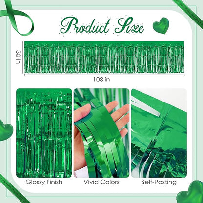 2 Pack Green Table Skirts, 29x108" Metallic Foil Tinsel Fringe Table Skirts for Rectangle Tables Streamer Curtains Backdrop, Party Decorations for Birthdays Weddings Holidays