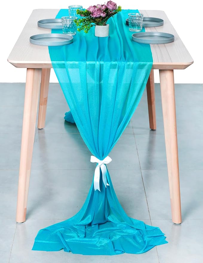MDS 20 Pack 10ft Chiffon Table Runner 29 x 120 Inches Sheer Wedding Runner Romantic Rustic Table Runner for Wedding Decorations, Birthday Parties, Bridal Shower Party Arch Decor -Turquoise