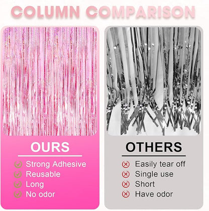 2 Pack 3.3x8.2 Feet Laser Pink Foil Fringe Backdrop Curtains, Tinsel Streamers Birthday Party Decorations, Fringe Backdrop for Graduation, Baby Shower, Gender Reveal, Disco Party