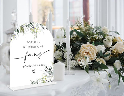 Greenery Wedding Fan Sign, 6 x 8 Inch White Arch Acrylic Wedding Sign with Holder, Wedding Sign for Ceremony and Reception, Wedding Decoration, Wedding Supplies - LY23