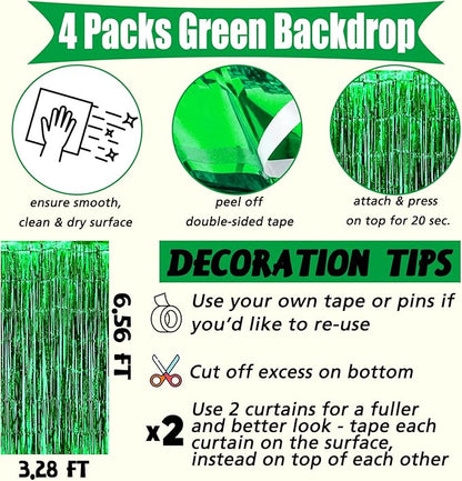 4 Pack Green Fringe Curtain Backdrop, 3.2Ft x 6.6Ft Metallic Tinsel Foil Fringe Streamers Background for Photo Booth Birthday Wedding Baby Shower Carnival Easter Mother’s Day Party Decorations