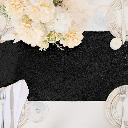 SoarDream Black Table Runner 10 Packs 12x72 Inches Sequin Metallic Fabric Glitter Table Runner for Party Birthday Holiday Event Supplies Decorations