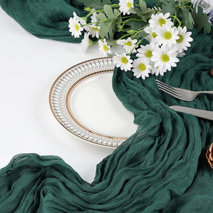 12 Pack Emerald Green Cheesecloth Christmas Table Runner 10ft Boho Gauze Fabric Cheese Cloth Table Runner 35 x 120 Inch Rustic Sheer for Wedding Decor Baby Shower Party Table Centerpiece Decoration