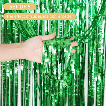 5 Pack Green Foil Curtain Backdrop 3.2ft x 9.8ft Metallic Tinsel Foil Fringe Curtains Streamer Photo Booth Backdrop for Birthday Party Engagement Bachelorette Party Decorations (Green)