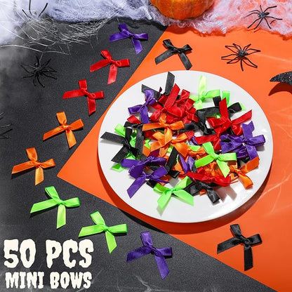YGDZ Mini Bows, 50 PCS Small Satin Bows for Crafts, Halloween Decor, 5 Colors (Black, Orange, Purple, Red, Green), Tiny Bows for Gift Wrapping