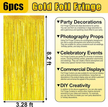 6 Pack Gold Foil Fringe Curtain Backdrop, 3.28Ft x 8.2Ft Metallic Tinsel Foil Fringe Streamer Curtains for Photo Booth, Birthday, Wedding, New Year Party Decorations