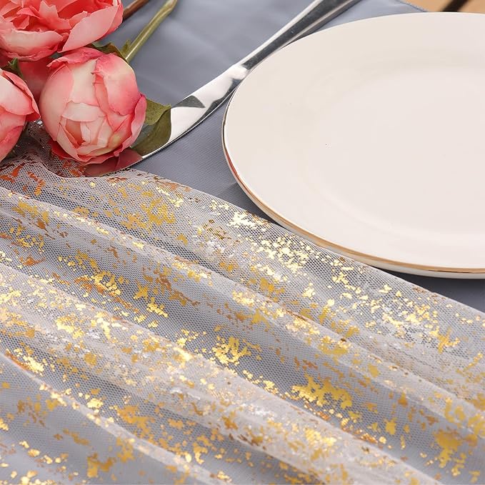 LOMOHOO 10 Ft Gold Table Runner, Golden Sheer Sequin Table Runners 120 Inches Long Glitter Metallic Foil Lace Fabric Table Decor for Birthday Party Wedding Anniversary Centerpiece (3pcs)