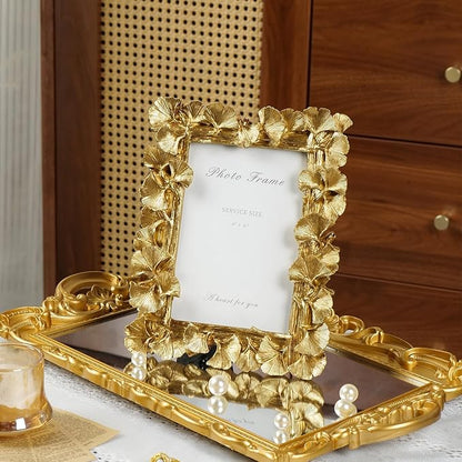 Cuspin Gold Picture Frame 4x6 Vintage Gold Frames, Ornate Leaf Textured Hand-Crafted Resin with Glass Front Antique Photo Frame for Tabletop Display, Retro Design Home Decor