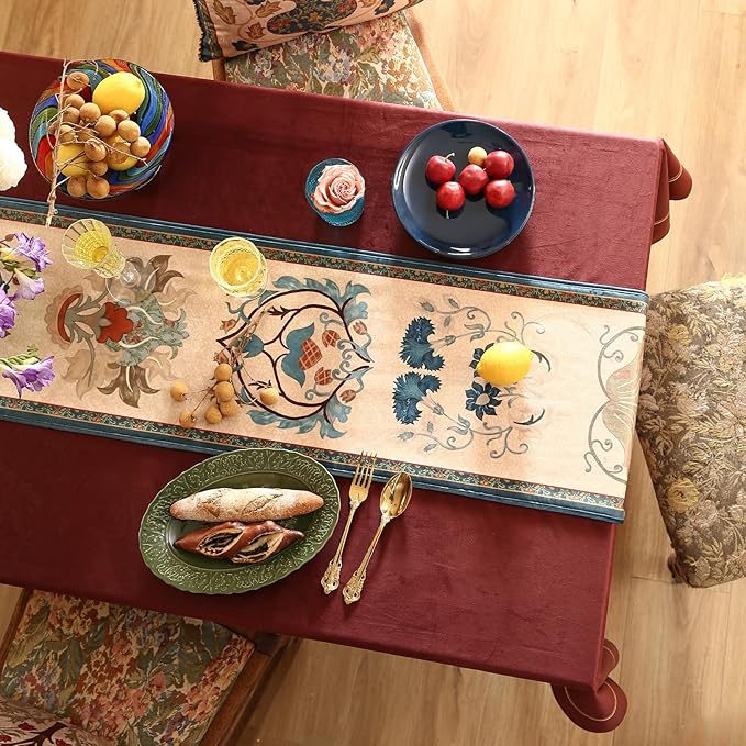 patdrea Designer Casual Wild Floral Velvet Table Runner 102 Inch Long, Brown Occult Bouquets Pattern Table Mat, Decoration for Kitchen Dining Coffee Table Cabinet Banquet Thanksgiving,12"*102"