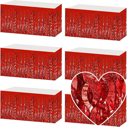 6 Pack 29x108 Inch Red Wave Foil Fringe Table Skirts Metallic Banner for Tinsel Streamer Garland Backdrop for Parade Floats Mother's, Graduate, Mardi Gras, Birthday, Wedding Party Decorations