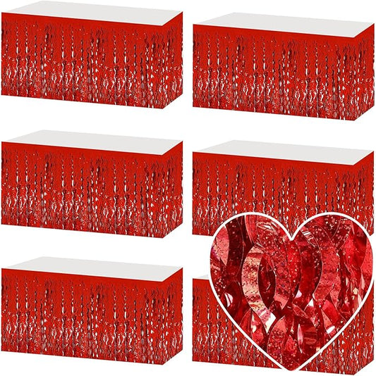 6 Pack 29x108 Inch Red Wave Foil Fringe Table Skirts Metallic Banner for Tinsel Streamer Garland Backdrop for Parade Floats Mother's, Graduate, Mardi Gras, Birthday, Wedding Party Decorations