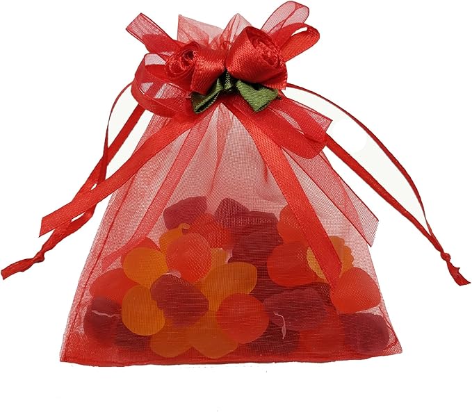 Ankirol 50pcs Sheer Organza Favor Bags For Wedding 3.8x4.8'' Gift Bags Samples Display Drawstring Rose Pouches (hot red)