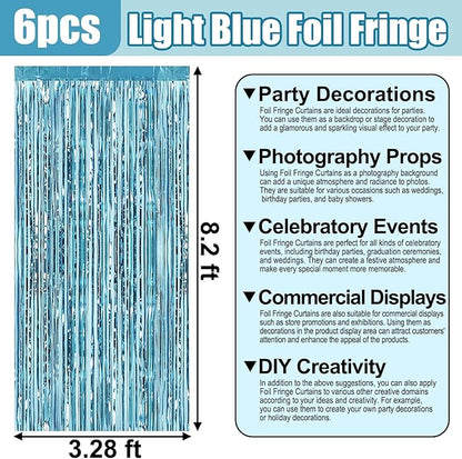 6 Pack Light Blue Foil Fringe Curtain Backdrop, 3.28Ft x 8.2Ft Metallic Tinsel Foil Fringe Streamer Curtains for Photo Booth,Birthday, Christmas Day, New Year, Wedding Party Decorations