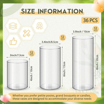 Nuogo 36 Pcs Plastic Cylinder Vases Tall Clear Flower Vases for Centerpieces Hurricane Candle Holder for Home Wedding Office Party Formal Dinners Decorations (4''/6''/8'')