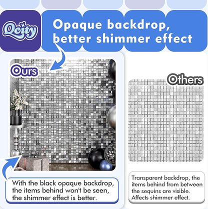 Qcity Silver Shimmer Wall Backdrop 24PCS, Black Back Not See-Through Design, Square Sequin Glitter Backdrop Panel, Perfect for Outdoor Events, Birthdays, Wedding and Party Decoration