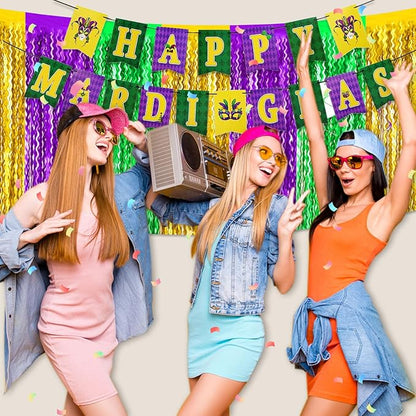 6 Pack 29x108 Inch Gold Green Purple Wave Foil Fringe Table Skirts Metallic Banner for Tinsel Streamer Garland Backdrop for Parade Floats Wedding, Mother's Day, Birthday Mardi Gras Party Decorations