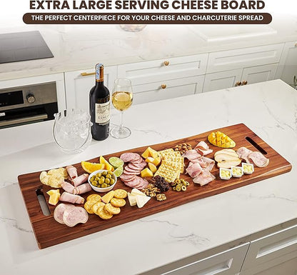36" Large Acacia Wood Charcuterie Board with Handles - Extra Long Wooden Serving Cheese Boards - Rectangular Serving Platter for Meat Steak, Cracker Appetizers, Fruit Decorative Display Party